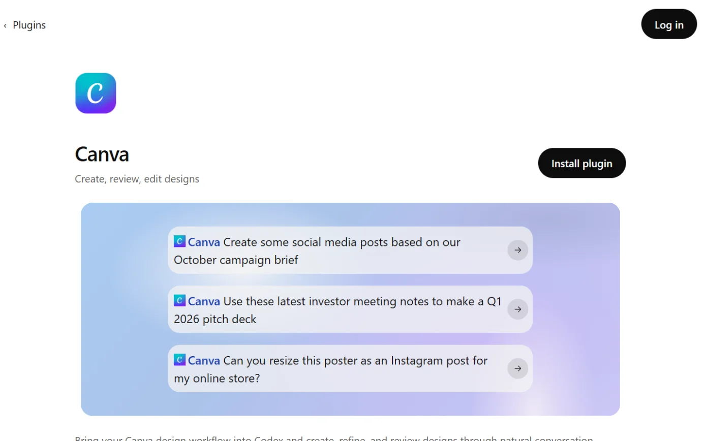 The Canva page in ChatGPT’s plugin directory, with the Install plugin button ringed.