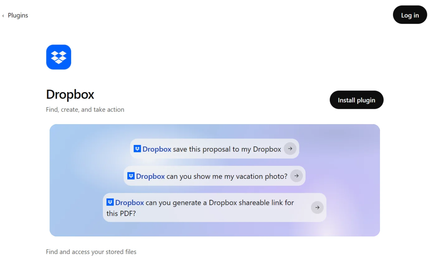 The Dropbox page in ChatGPT’s plugin directory, with the Install plugin button ringed.