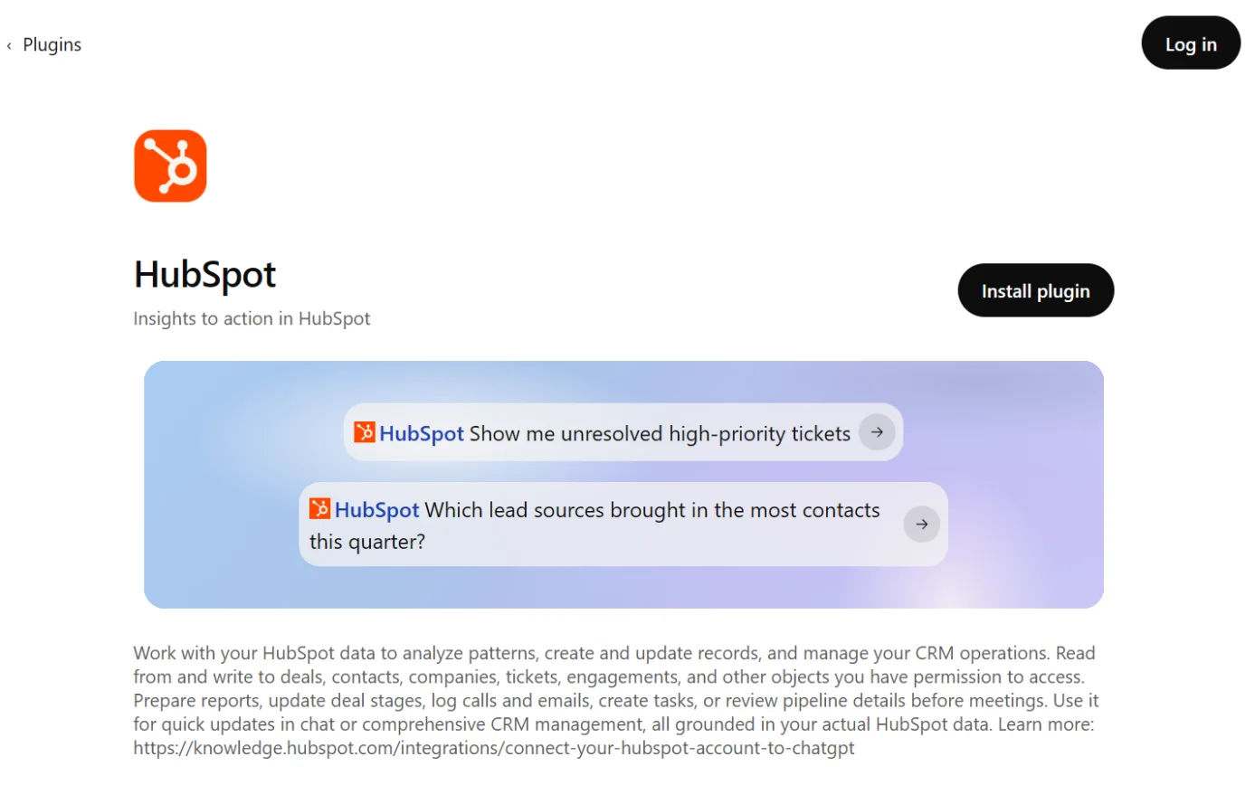 The HubSpot page in ChatGPT’s plugin directory, with the Install plugin button ringed.