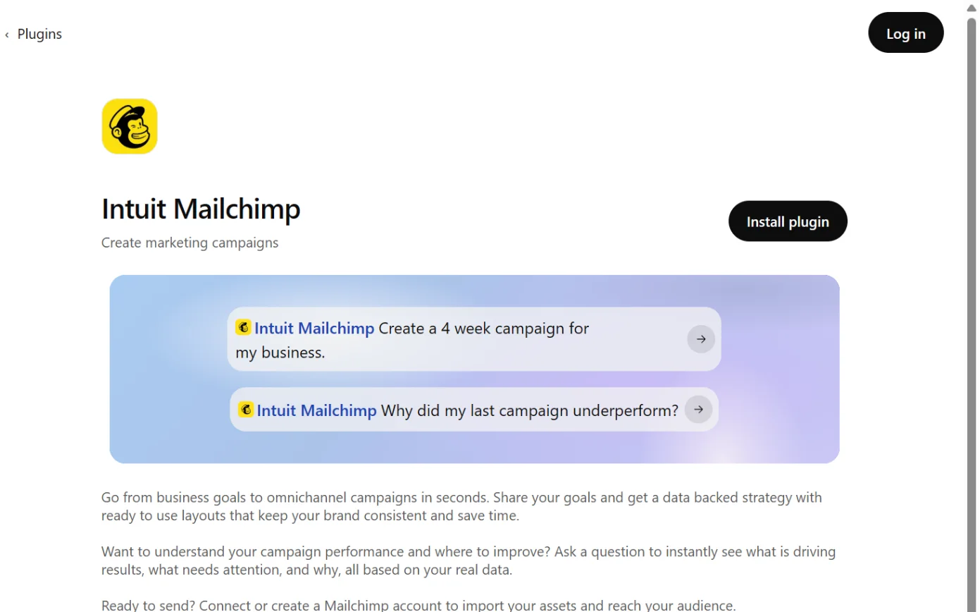 The Intuit Mailchimp page in ChatGPT’s plugin directory, with the Install plugin button ringed.