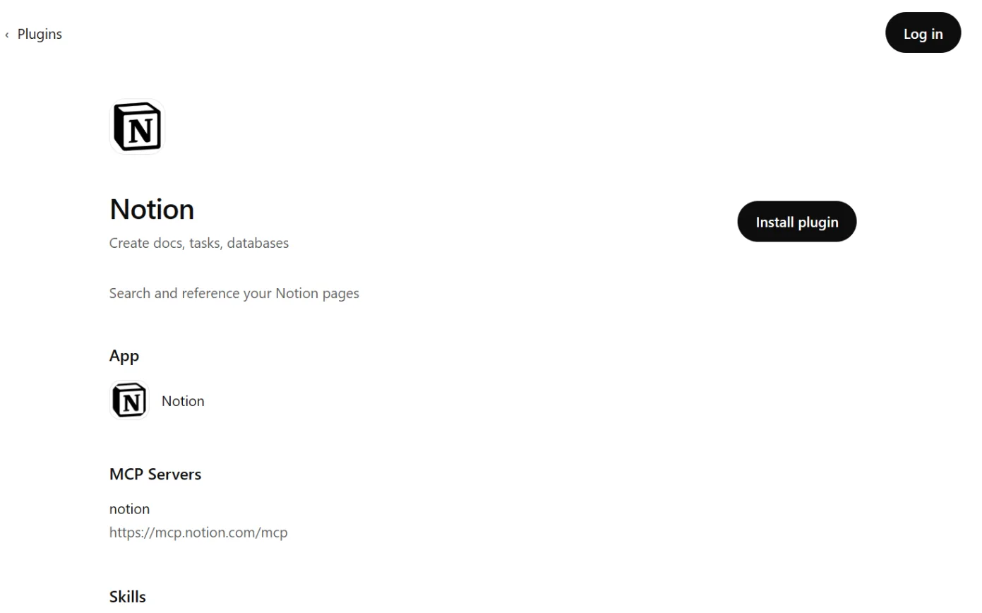 The Notion page in ChatGPT’s plugin directory, with the Install plugin button ringed.