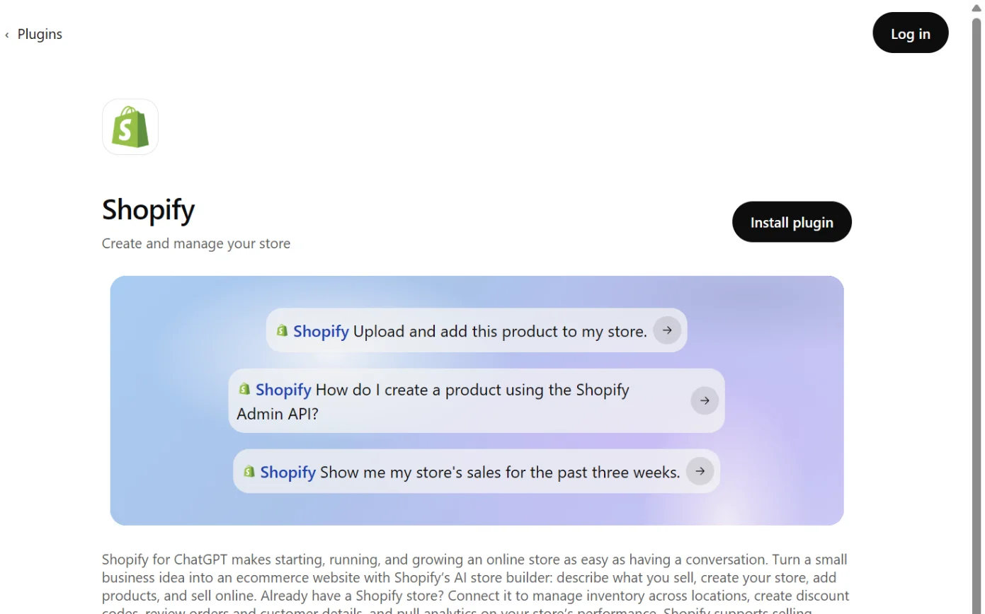 The Shopify page in ChatGPT’s plugin directory, with the Install plugin button ringed.