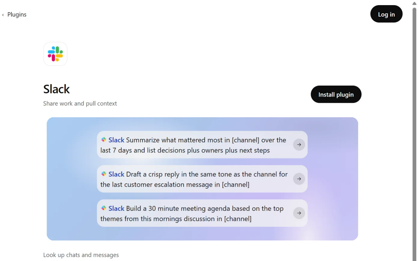 The Slack page in ChatGPT’s plugin directory, with the Install plugin button ringed.