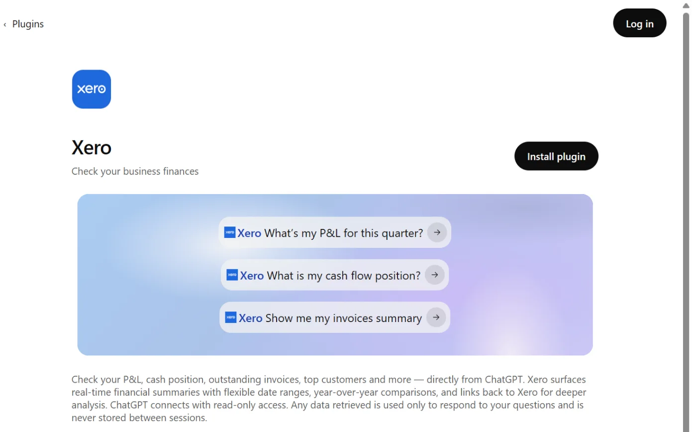 The Xero page in ChatGPT’s plugin directory, with the Install plugin button ringed.