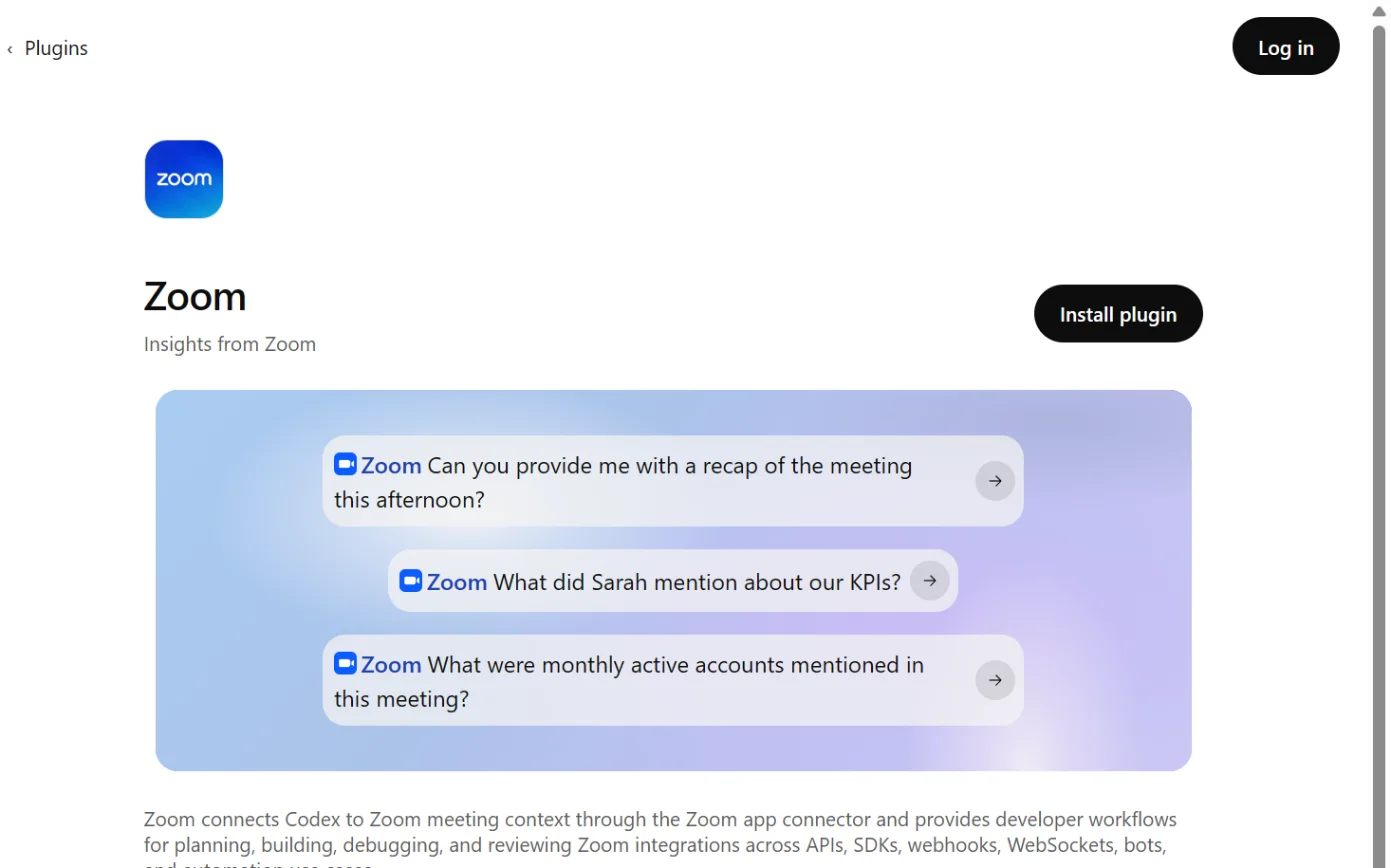 The Zoom page in ChatGPT’s plugin directory, with the Install plugin button ringed.