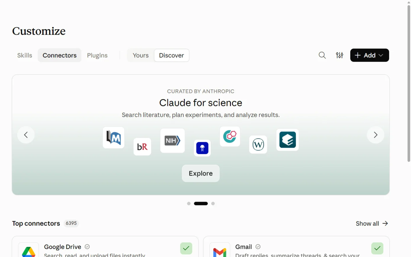 Claude’s Customize page on the Connectors tab, with the + Add button ringed.