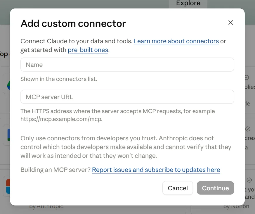 Claude’s Add custom connector box, with its Name and MCP server URL fields, with the Continue button (the step’s Add) ringed.