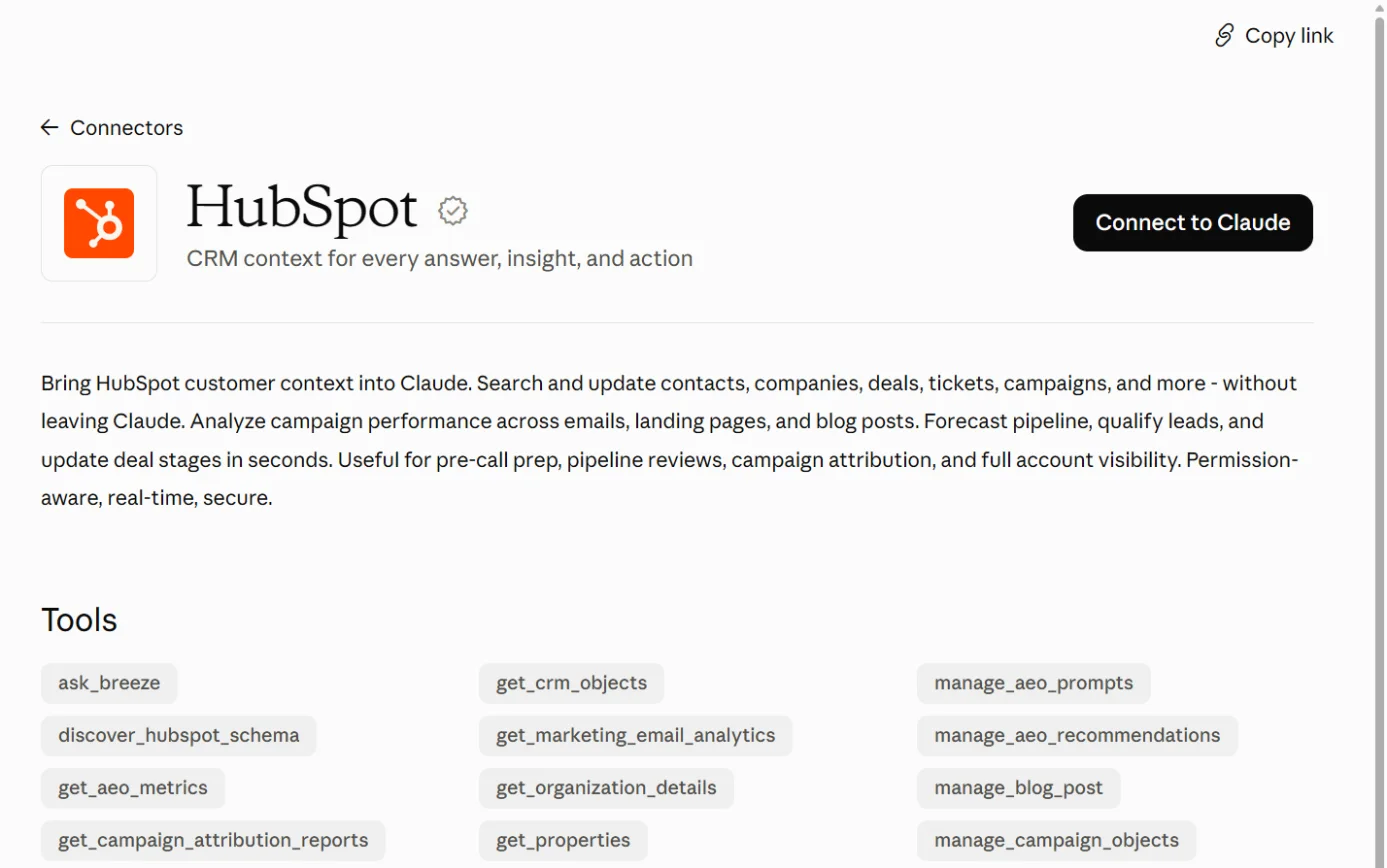 The HubSpot listing in Claude’s connector directory, with the Connect to Claude button ringed.