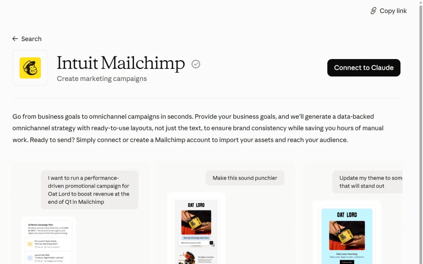 The Intuit Mailchimp listing in Claude’s connector directory, with the Connect to Claude button ringed.