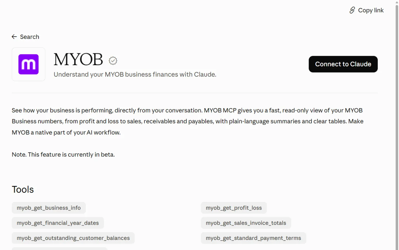 The MYOB listing in Claude’s connector directory, with the Connect to Claude button ringed.