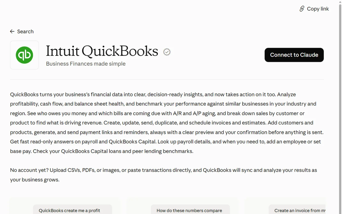 The Intuit QuickBooks listing in Claude’s connector directory, with the Connect to Claude button ringed.