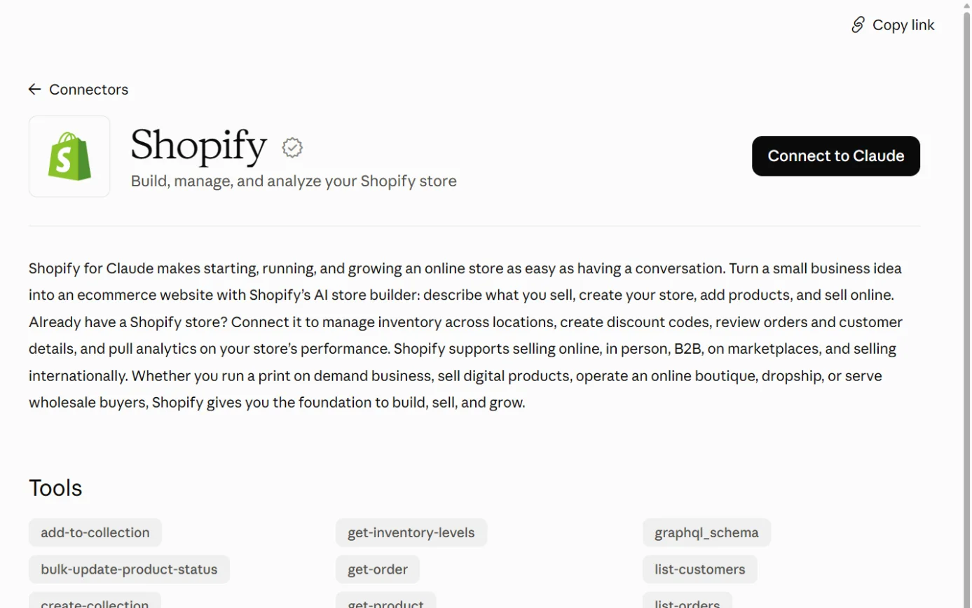 The Shopify listing in Claude’s connector directory, with the Connect to Claude button ringed.