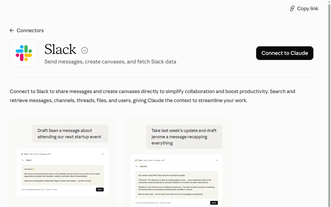The Slack listing in Claude’s connector directory, with the Connect to Claude button ringed.