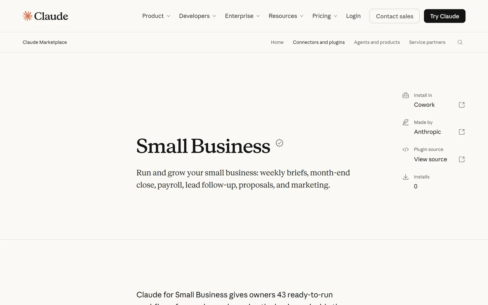 The Small Business plugin’s page on Claude’s marketplace, with the Install in Cowork button ringed.
