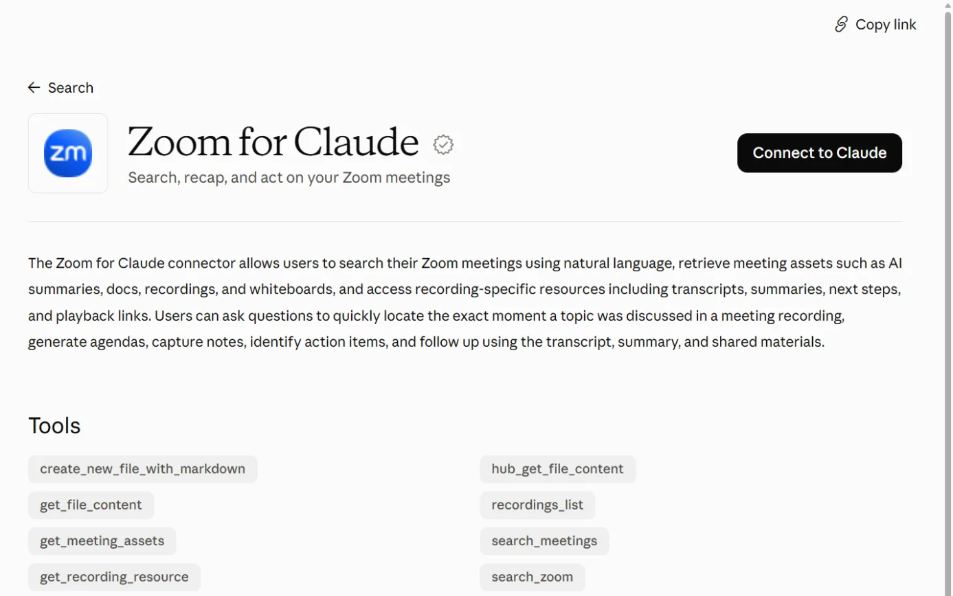 The Zoom listing in Claude’s connector directory, with the Connect to Claude button ringed.