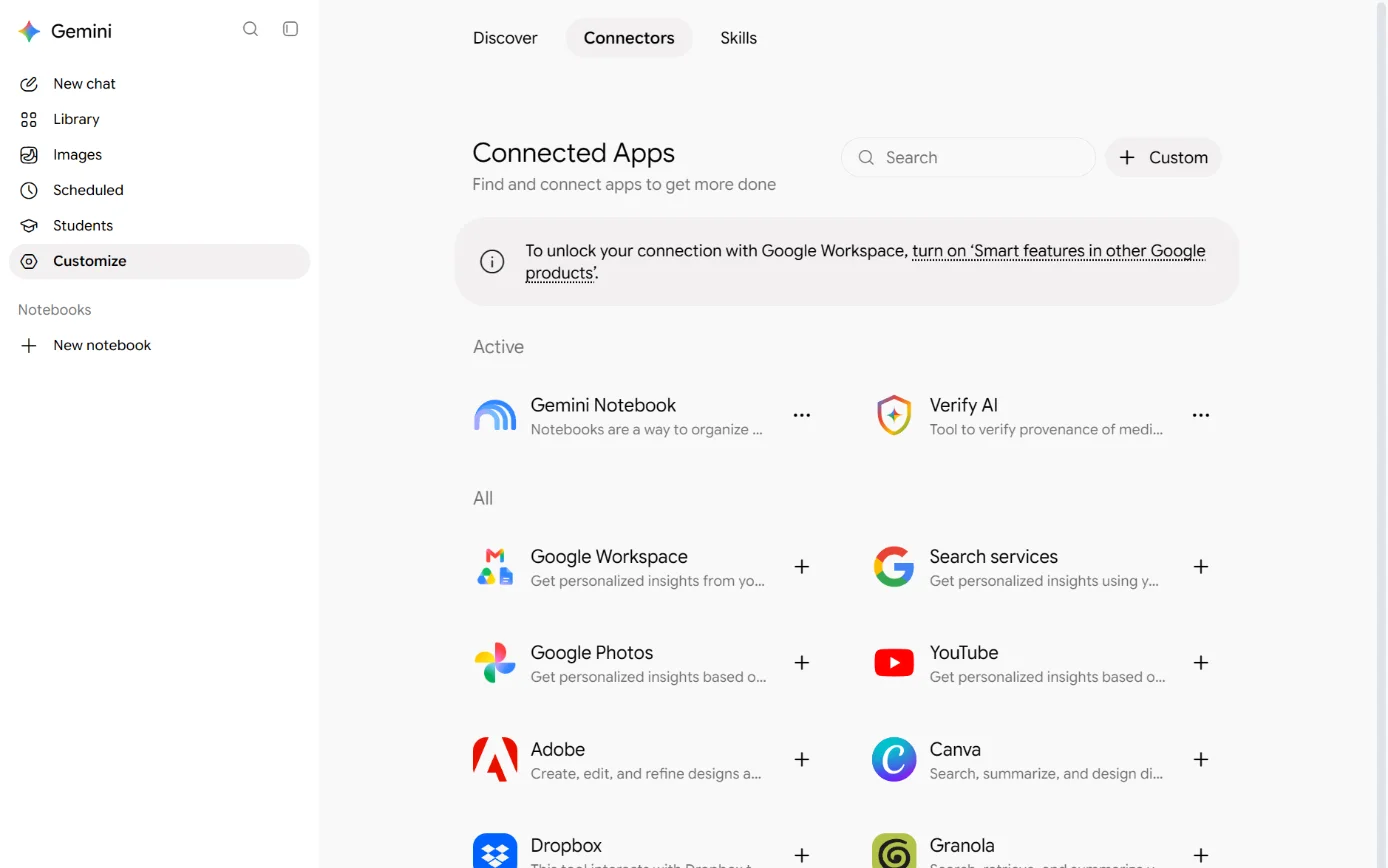 Gemini’s Connected Apps list, with the add button beside Canva ringed.