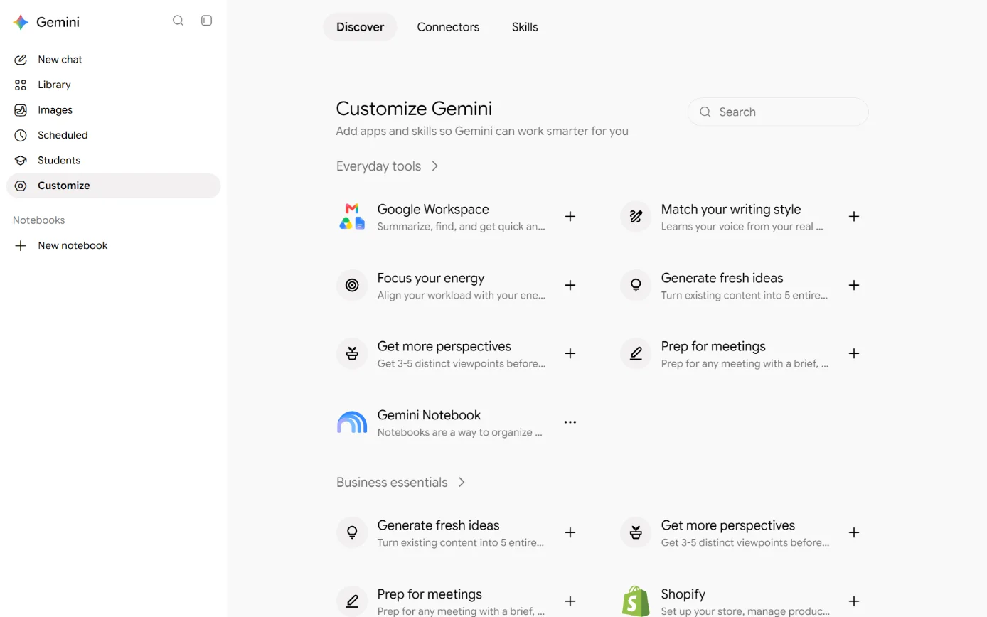 Gemini’s Customize page, with the Connectors tab ringed.