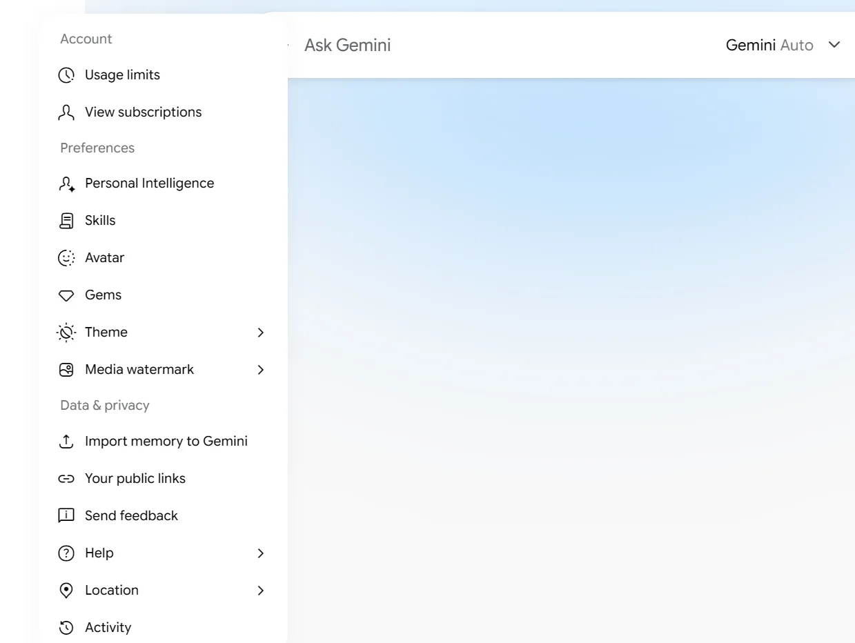 Gemini’s settings menu, with Personal Intelligence ringed.