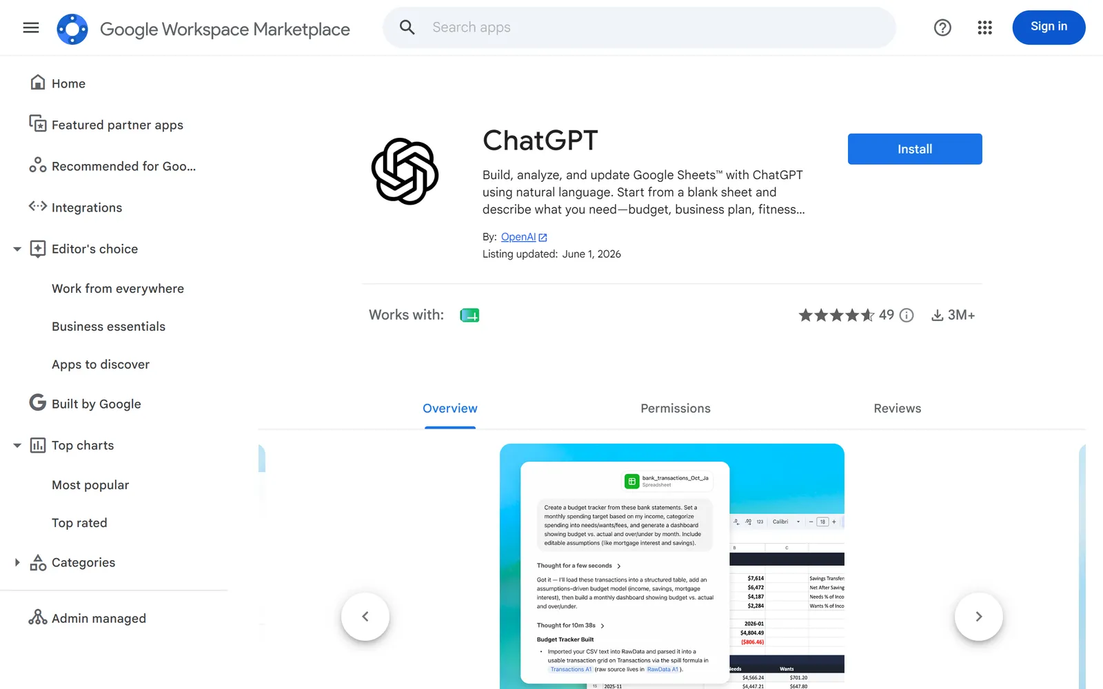 The ChatGPT add-on’s listing on the Google Workspace Marketplace, with its Install button ringed.
