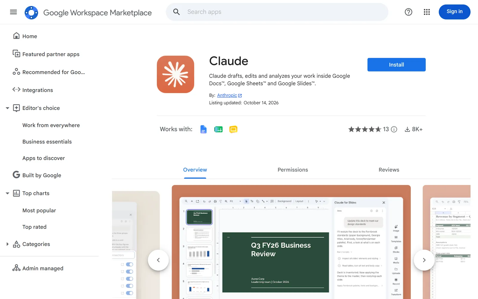 The Claude listing on the Google Workspace Marketplace, with its Install button ringed.