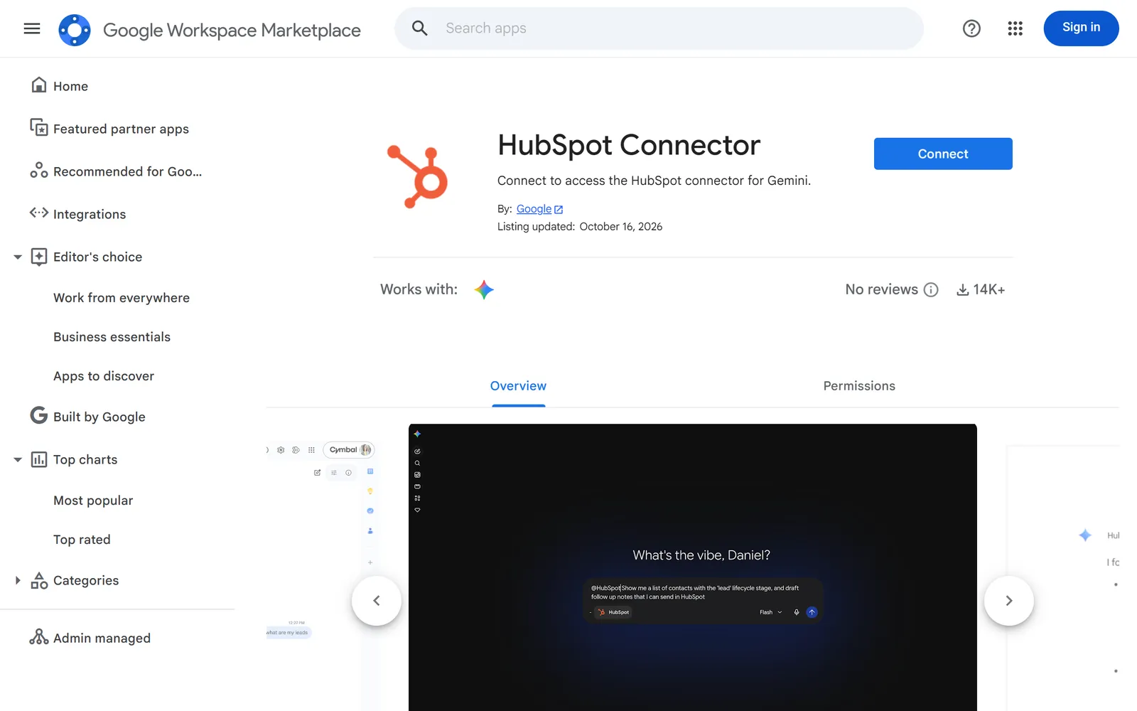 The HubSpot integration’s listing on the Google Workspace Marketplace.