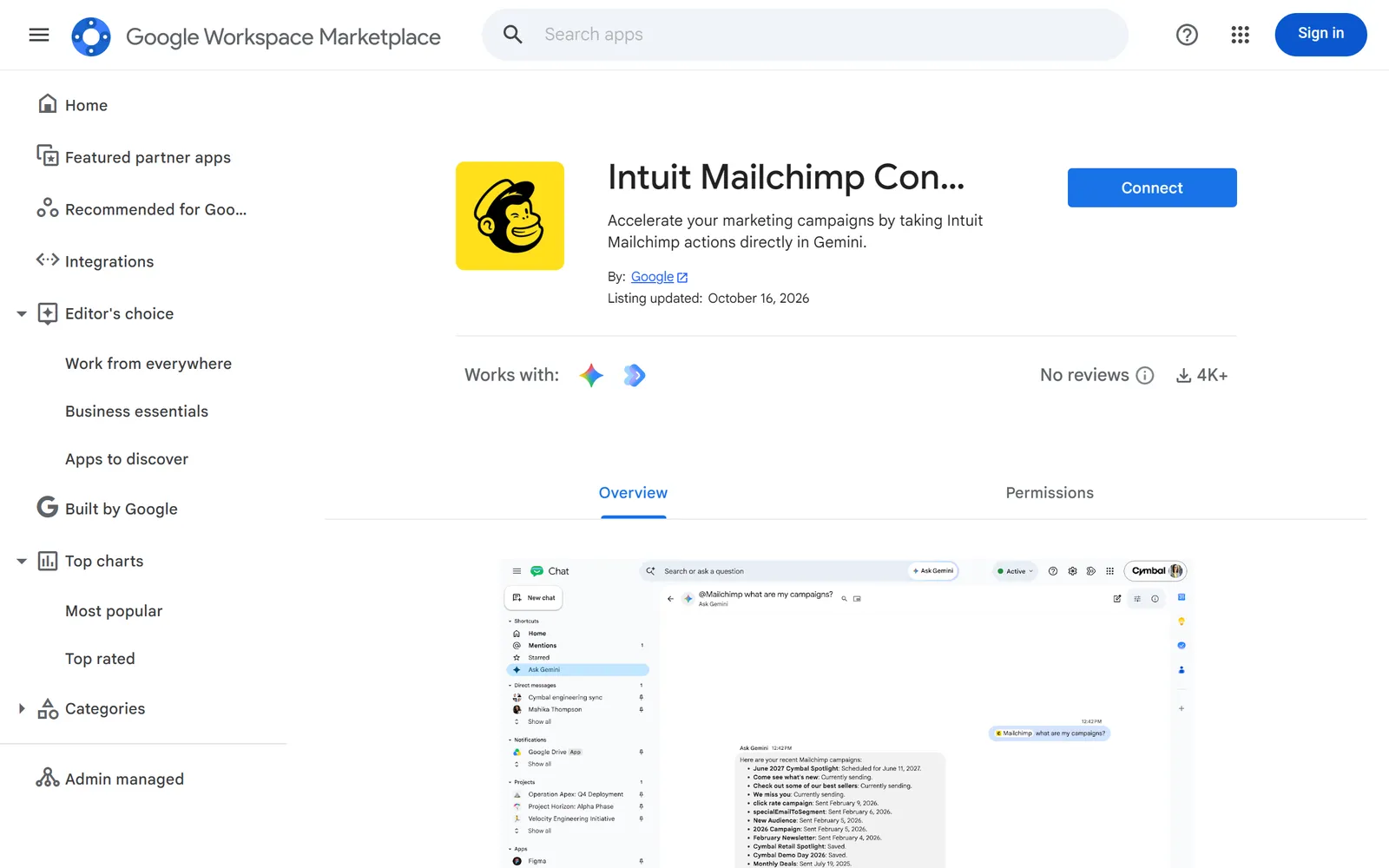 The Intuit Mailchimp integration’s listing on the Google Workspace Marketplace, with its button ringed.