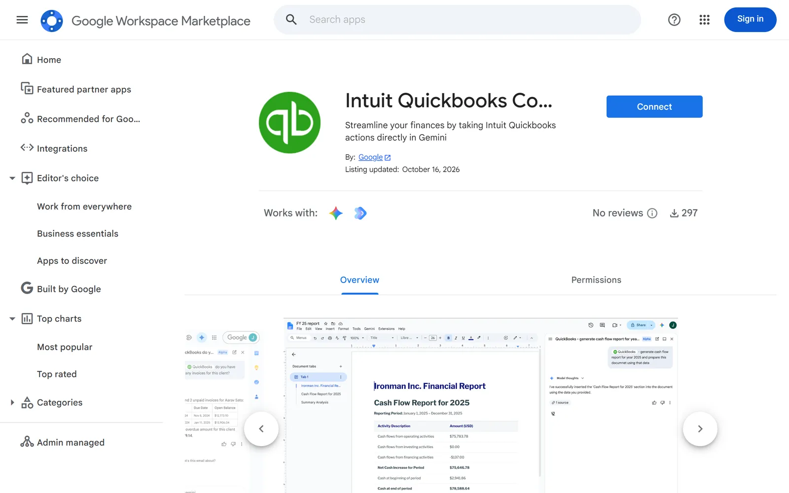 The Intuit QuickBooks Connector listing on the Google Workspace Marketplace.