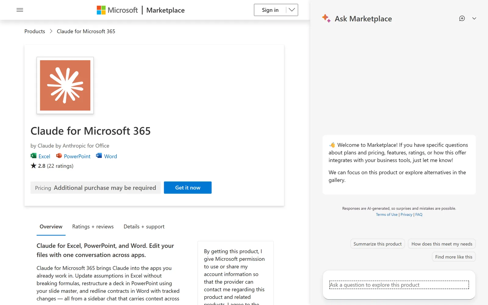 The Claude for Microsoft 365 listing on Microsoft’s marketplace.